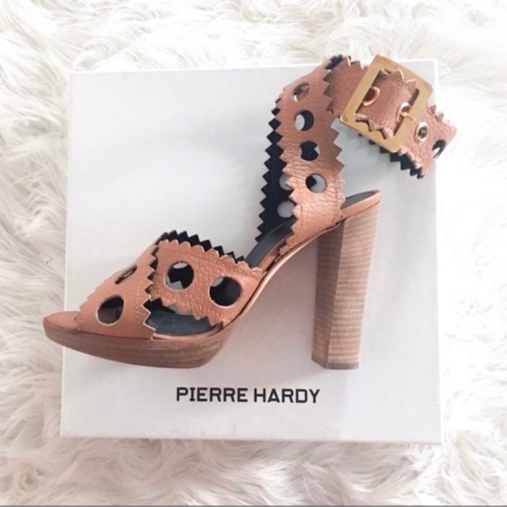 PIERRE HARDY Leather Laser Cut Accents Platform Stacked Wooden Heel Sandals